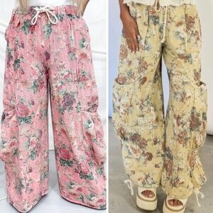DAVI & DANI Floral Wide Leg Cargo Pants — Pink & Yellow Options
